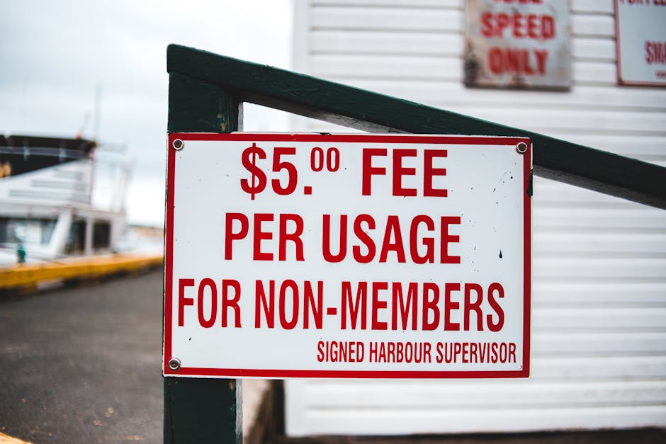 Close-up of a white rectangular sign with bold red text displaying a $5.00 fee per usage for non-members, attached to a dark green metal post. In the background, blurred images of boats docked at a pi