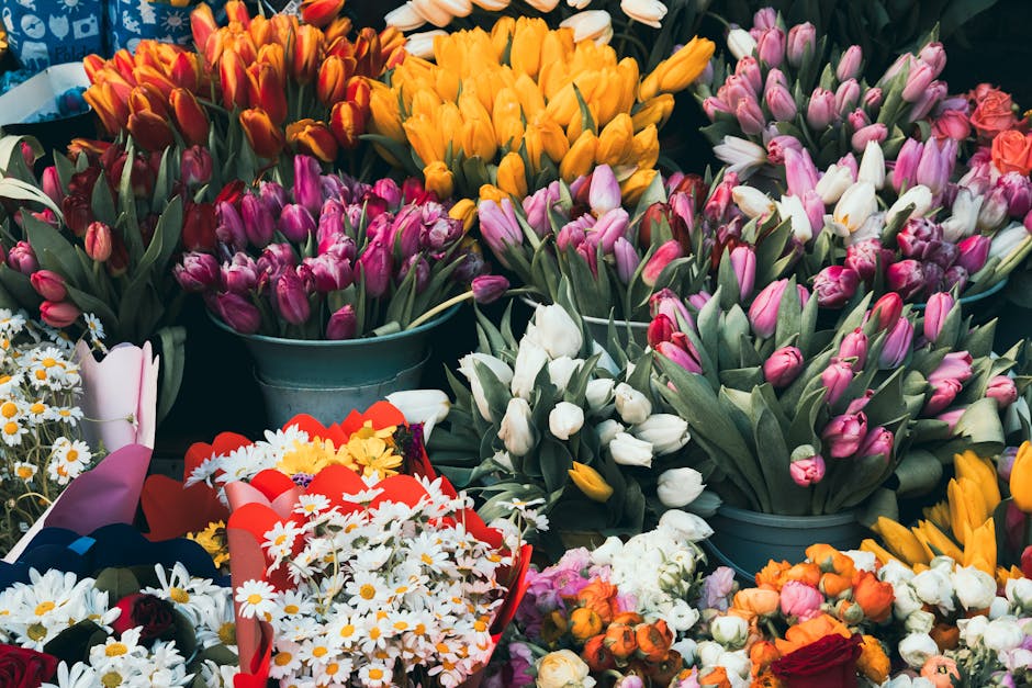 A vibrant display of fresh flowers arranged in various configurations at a flower shop. In the foreground, there are multiple bouquets wrapped in colorful paper, predominantly featuring white daisies 