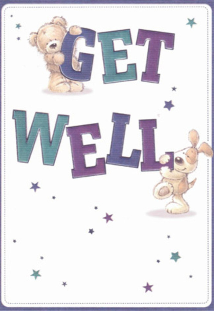 In this charming get well card illustration, the scene focuses on two friendly characters-a teddy bear and a puppy-who appear to be personally delivering a warm Get Well wish, just as a neighbour in Barking might drop by with flowers and a kind word. At the centre, the phrase Get Well dominates the composition in big, confident letters coloured in a gradient of rich purples, midnight indigo, and teal-blue, with slight shading that makes the words feel almost three-dimensional, as if they've been carefully cut from coloured card. The teddy bear, plump and reassuring, clings to the top of the word GET, its golden-brown fur drawn with soft, feathery lines to suggest fluff you could cuddle. Its expression is gentle and slightly mischievous, like a friend trying to tempt a smile from someone recovering after a difficult week. Below, a playful puppy leans against the word WELL, its velvety ears flopping to one side, tail implied in a curve of motion that hints at a wag. The artist has used creamy beiges and warm browns for the puppy's coat, giving it a comforting, familiar look, as if it belongs to a family from around Upney Lane. All around, sprinklings of stars and tiny starbursts in shades of lavender, deep violet, and aqua drift across the clean white background, echoing the shimmer of evening lights along Barking town centre. The overall feeling is light, airy, and filled with optimistic energy, like opening the curtains to soft morning sun and a fresh bouquet on the bedside. Although there are no actual flowers on the card, the thoughtful balance of colour, texture, and space carries the same tender intention a florist brings to arranging a get well gift for doorstep delivery.