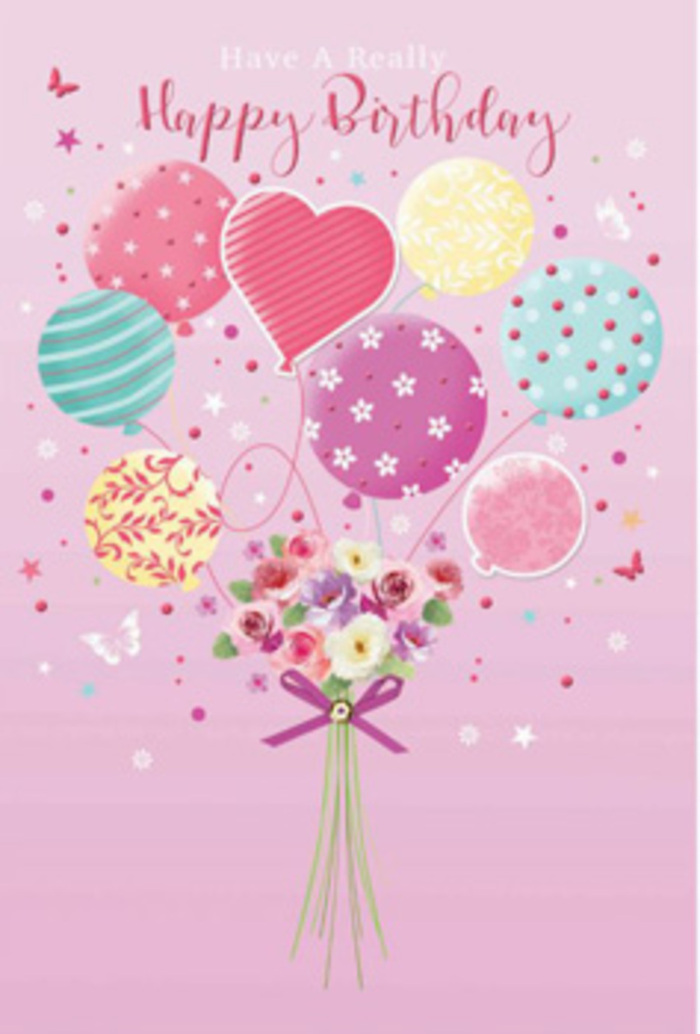 An enchanting birthday scene unfolds in this illustration, reminiscent of a joyful afternoon gathering somewhere between Barking Park and the quiet residential streets nearby. The eye is drawn first to a cluster of pastel balloons bobbing gently upwards, their rounded forms overlapping like soft clouds filled with colour. Shades of tender pink, sea green, lemon yellow, and lilac blend together, while each balloon boasts its own decorative flair: swirling ribbons, dancing polka dots, delicate floral patterns, and a central heart-shaped balloon that radiates affection. These balloons feel weightless yet purposeful, as if they are lifting a little garden of flowers toward the sky. At the base of the composition sits a hand-tied bouquet, composed of petite roses and daisy-like blossoms in creamy ivory, blush, and dusty mauve. Their petals appear velvety and softly ruffled, the sort of blooms you might see freshly unpacked in a Barking florist's studio on a busy birthday morning. A deep violet satin bow wraps around the stems, fastening them with a neat flourish that glints subtly, echoing the shine on the balloon surfaces. Surrounding the bouquet are tiny illustrated butterflies and scattered starbursts, suggesting the magic of a birthday wish made just as the candles are blown out. The overall mood is gentle jubilation: a quiet, heartfelt celebration rather than a noisy party. It feels like a design chosen by someone walking through Barking's high street, looking for a way to send love, gratitude, and joyful wishes in one image that captures the softness, colour, and hope of a new year in someone's life.
