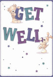 A whimsical get well card illustration shows a cuddly teddy bear and a floppy-eared puppy working together to share a cheerful Get Well message, the way neighbours in Barking rally around someone who's unwell. The bold words GET WELL stretch across the centre in chunky, rounded letters shaded in rich indigos, deep purples, and teal-blue tones, almost like painted wooden blocks stacked on a child's bedroom shelf. The bear clings sweetly to the top of the word GET, soft brown fur carefully detailed with fine strokes that suggest fluff you could run your fingers through, while the puppy balances playfully near WELL, its velvety ears tumbling down in loose, friendly curves. Around them, little starbursts and tiny twinkling stars scatter across the clean cream-white background in shades of blue, lavender, and plum, like a sky over Barking Park on a crisp evening, adding movement and a sense of hopeful magic. There are no flowers in the picture, yet the gentle colour palette and joyful characters feel as soothing as a get well bouquet chosen with care. The whole design is bright but not loud, calming yet full of life, perfect for a child resting at home near Longbridge Road or an adult recuperating after a stay at King George Hospital. You can almost imagine this card propped beside a vase of fresh blooms, the comforting characters and glowing stars echoing the same message of kindness, recovery, and quiet encouragement for someone who needs a little extra warmth.
