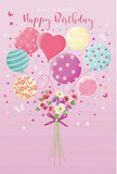 This birthday design feels like a light breeze carrying happiness across Barking, captured in soft colours and playful details. A dreamy pink background sets the scene, while a bouquet of pastel balloons rises elegantly from a base of fresh flowers. The balloons, in shades of blush, mint, sunshine yellow, and lavender, are each decorated with their own pattern: some swirl with candy-like stripes, others are dotted with cheerful spots, and one, shaped like a heart at the centre, suggests deep affection for the person being celebrated. Their glossy surfaces catch the light, giving the impression of real helium balloons swaying gently as if just carried out of a local shop near Vicarage Field. Beneath them, a compact hand-tied bouquet grounds the composition. Creamy roses and soft, anemone-like blossoms in blush and muted mauve nestle together, their petals feathered and tender, as if arranged minutes ago by an expert florist preparing a same-day birthday delivery in Barking. The stems gather neatly into a violet satin bow, which gleams slightly, adding a polished finishing touch. All around, delicate stars and tiny butterflies seem to drift and flutter, creating a sense of movement and quiet excitement, like confetti caught in the evening light. The artwork conveys the warmth of a thoughtful birthday gesture, the kind someone might send to a loved one living off Ripple Road or near Barking Station, where flowers and balloons together turn a simple greeting into a memory of joy, softness, and heartfelt celebration.