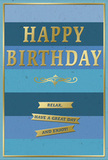 An artfully designed birthday card stands poised, its composition blending cool blues and luxurious gold to create a feeling of relaxed celebration that would suit any quiet corner of a Barking home. The background is made up of broad, horizontal blue stripes, each stripe a slightly different tone-from dark navy at the bottom through marine, teal, and soft ocean shades, rising finally to a gentle sky blue at the top. These layered colours evoke the calm of early morning light, giving the card a soothing, almost musical rhythm. Across the middle, the greeting HAPPY BIRTHDAY is presented in large, embossed gold capitals. The letters lift subtly from the surface, their metallic finish catching and reflecting the light with a soft, elegant gleam, like sunlight glancing off a polished frame. Directly below, a refined golden flourish stretches gracefully across the card, adding a touch of old-world charm and separating the main greeting from the message beneath. Three narrow gold banners are stacked under the flourish, each banner carrying part of the warm, encouraging phrase: Relax, have a great day and enjoy! The banners appear almost like delicate metal plates, carefully positioned for balance. Encircling the entire design, a slim gold border creates a sense of completeness, as if the card were a small piece of framed art. You can imagine this card placed beside a fresh bouquet from a local Barking florist, perhaps on a living-room mantel or by a sunny window, its blue and gold tones lending the birthday scene a sense of calm joy and thoughtful intention.